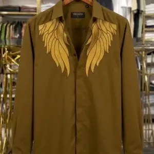 Men’s Premium Olive Green Shirt – Golden Embroidered Designer Party Wear