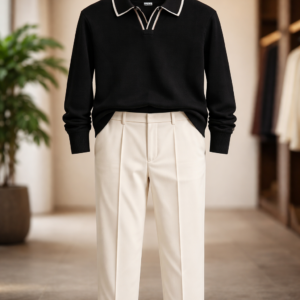 Men’s Premium Smart Casual Outfit – Black Knit Polo & Beige Trouser Look