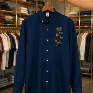 Men’s Elegant Floral Embroidered Shirt – Navy Blue Full Sleeve Premium Shirt