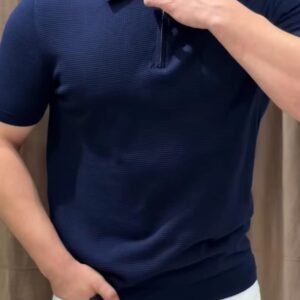 Navy Knitted Zip Polo T-Shirt