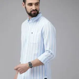 Sky Blue & White Vertical Stripe Cotton Shirt – Smart Casual Style with Global Business Appeal