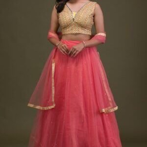 Yellow Mirrorwork Net Readymade Lehenga