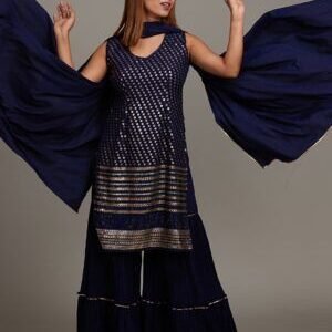 Navy Blue Sequins Semi Crepe Sharara Suit