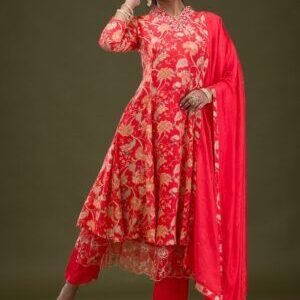 Red Printed Semi Crepe Readymade Salwar Suit