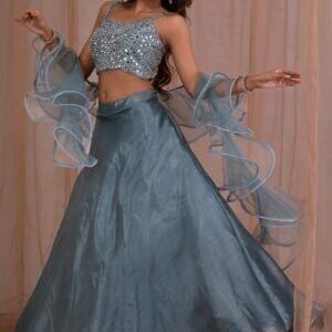 Grey Mirrorwork Tissue Readymade Lehenga