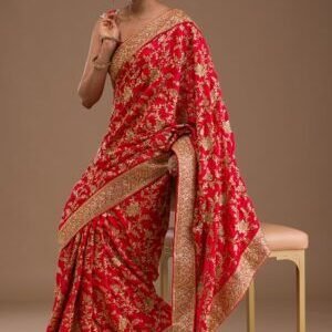 Red Swarovski Semi Crepe Designer Saree