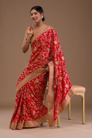 Red Swarovski Semi Crepe Designer Saree