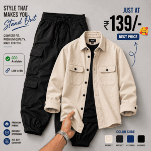Black Cargo Pants & Cream Overshirt Combo Offer at ₹139 | Premium Men's Casual Outfit