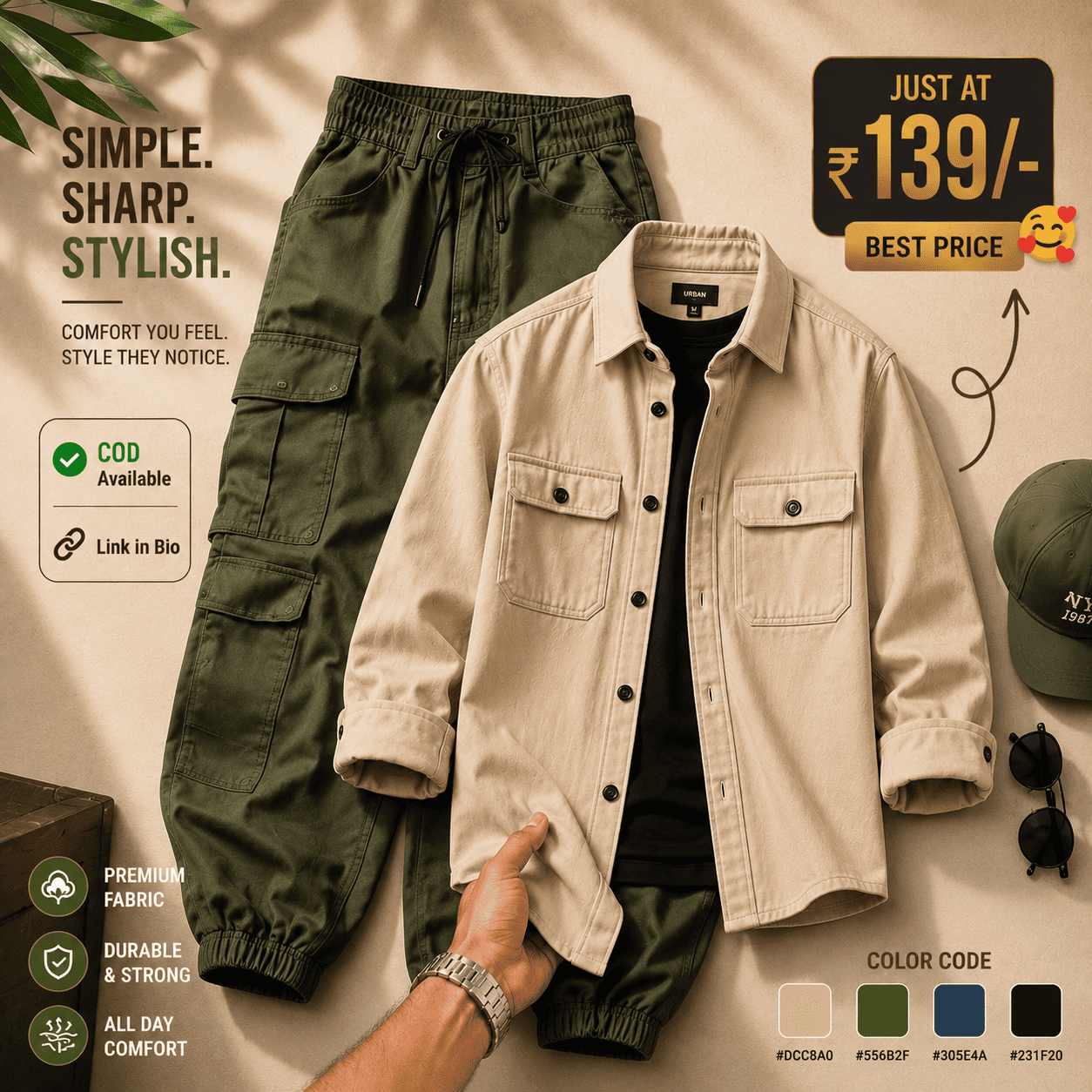 Olive Green Cargo Pants & Khaki Overshirt Combo